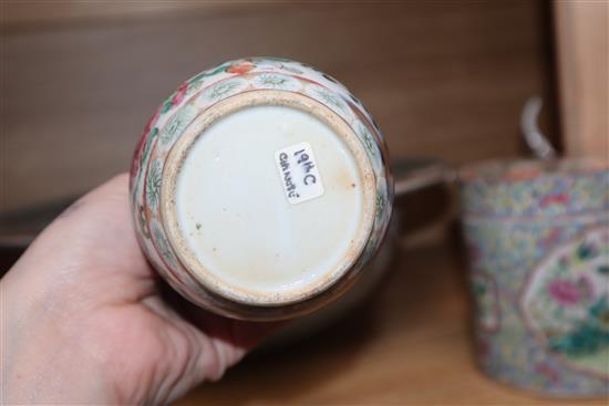 A 19th century Chinese famille rose basin, two jars and covers and a vase diameter 38cm